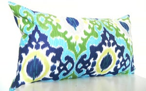 Image of Green Ikat Pillow Covers, Long Bolster Pillow, Bohemian Decor, Monaco Blue