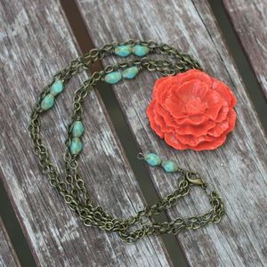 Image of (BACK IN STOCK) Double Tango Orange Cabbage Rose & Turquoise Opaque Beads, Vintage-style Necklace