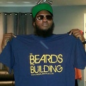 Image of BEARDS IN THE BUILDING T-SHIRT NAVY BLUE WITH GOLD PRINT