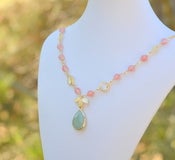 Image of Unique Fashion Pendant Necklace with Jade Green Pendant, Gold Leaf and Cherry Quartz. OOAK.