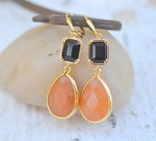 Image of Pumpkin Orange Dangle Teadrop and Black Glass Crystal Earrings