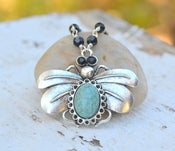 Image of Large Turquoise Queen Bee Pendant Necklace with Jet Black Crystals. Queen Bee Statement Necklace.