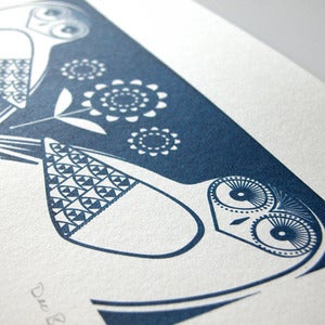 Image of Snowy Owls In Midnight Blue - Hand Pulled, Signed, Gocco Print