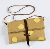 Image of foldover crossbody bag with hand cut leather dots (caramel + lemon drop)