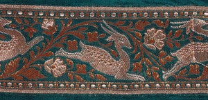 Image of Green Banarasi Fabric Border with Woven Frolicking Deer
