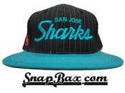 Image of Vintage Deadstock San Jose Sharks Pinstripe Sports Specialties Wool Script Snapback Hat Cap