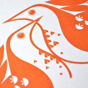 Image of Song Thrushes in Clementine Orange -Hand Pulled, Signed, Gocco Print
