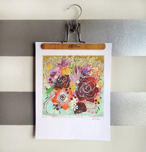 Image of maroon & mint flowers print 11"x14"