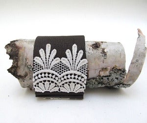 Image of Vintage Lace and Grey Lambskin Leather Cuff Wedding Lingerie Bracelet Made in USA