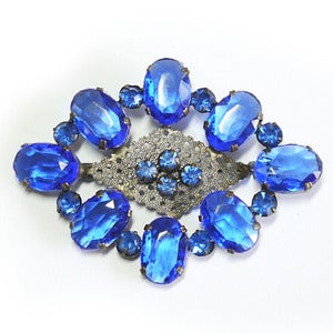 Image of Vintage Czech Bristol Blue Glass Faceted Ornate Pin Brooch