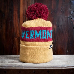 Image of The Vermont Pom Beanie - Gold, Burgundy & Teal