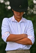Image of *NEW* KIDS SHOW SHIRT - White w Blue grid / Orange & Magenta grid