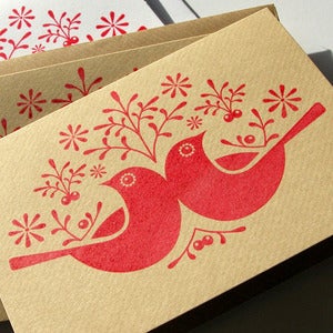 Image of 6 Hand Printed 'Birds & Berries' Note Cards.