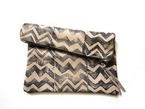Image of Large bone/black zig zag hand-printed leather pouch