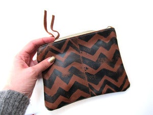 Image of Small brown/black zig zag hand-printed leather wallet/pouch