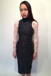 Image of silver metallic turtle neck sleeveless jersey maxi dress