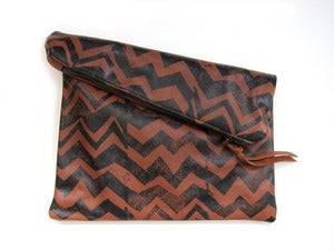 Image of Large brown/black zig zag hand-printed leather pouch