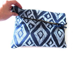 Image of Large navy/white diamonds hand-printed leather pouch