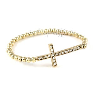 Image of Sideway Cross Crystal Stretch Bracelet, SW121 Gold or Silver