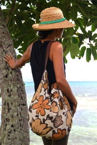 Image of vintage 50's bark cloth & linen eco friendly large slouch bag purse ooak - sepia floral
