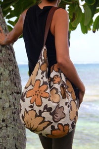 Image of vintage 50's bark cloth & linen eco friendly large slouch bag purse ooak - sepia floral