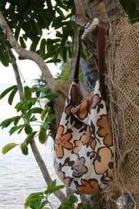 Image of vintage 50's bark cloth & linen eco friendly large slouch bag purse ooak - sepia floral