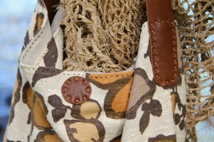 Image of vintage 50's bark cloth & linen eco friendly large slouch bag purse ooak - sepia floral