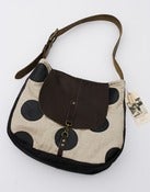 Image of S O L D-- natural linen + oversized black leather dots shoulder bag with a LEATHER flap!