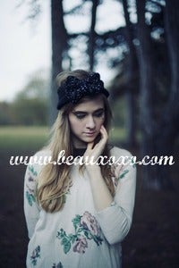 Image of Knitted Bow Headband Oversized Bow Cute Cosy Kawaii Lolita Ear Warmer in Glitter Black and Silver