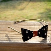 Image of the lil' leather bow- black polka dot bow headband
