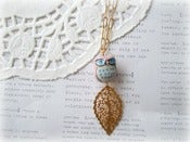 Image of Pink Ceramic Owl with Gold Filigree Leaf Necklace 