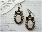 Image of Antique Brass Floral Framed Earrings with Bird Girl Picture 