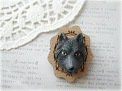 Image of Black Wolf with Wooden Frame Brooch 