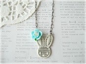 Image of White Bunny with Blue Flower on Gunmetal Chain Necklace 