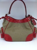 Image of  Prada Tan Jacquard Logo Canvas and Red Croc Embossed Leather Handbag 
