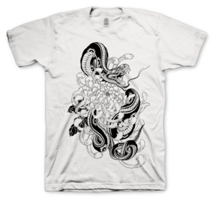 Image of Snake and Chrysanthemum on White T-shirt