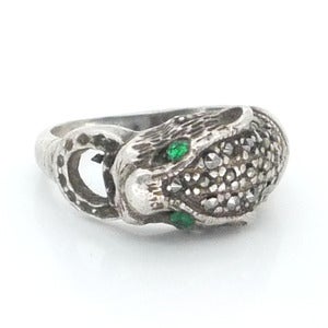 Image of Vintage Art Deco Marcasite Silver Panther Horseshoe Green Diamante Ring