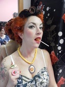 Image of 'Good Luck' 1950s Style Horse Shoe Cameo Necklace on Plastic Yellow Beads Rockabilly Kitsch Retro 