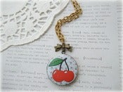 Image of Antique Brass Long Cherries Locket Necklace