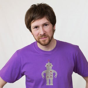 Image of Purple on Gold Sparkle Robot Short Sleeve Organic Adult Tee