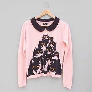 Image of Crazy Cat Candy Pink Sweater with Detachable Black Peter Pan Collar by Pretty Snake 
