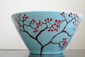 Image of Hand-Painted Large Blue Bowl: Red Berry Winter Tree Branches