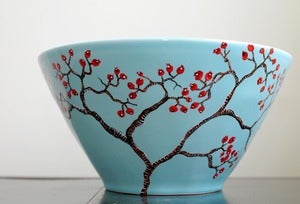 Image of Hand-Painted Large Blue Bowl: Red Berry Winter Tree Branches
