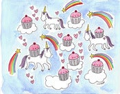 Image of Original Watercolor Painting: Cupcakes and Unicorns