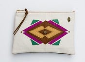 Image of - S O L D - large zipper pouch with geometric leather appliques and a metal zipper 