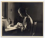 Image of WOMAN SITS AT TABLE NICE LIGHT VINTAGE SNAPSHOT PHOTO 