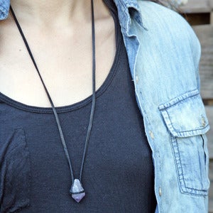 Image of amethyst crystal point on leather necklace