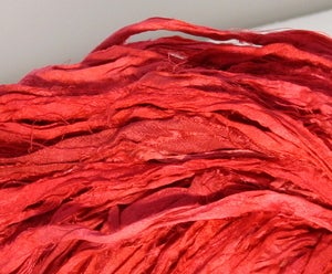 Image of Poppy Red Recycled Silk Sari Ribbon Yarn 100g