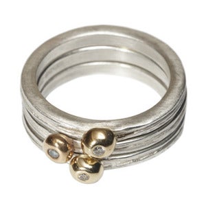 Image of Triple stack of driftwood stacking rings with gold pebble set diamond