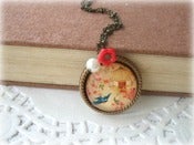 Image of Antique Brass Bluebird Pendant with Red Flower Necklace